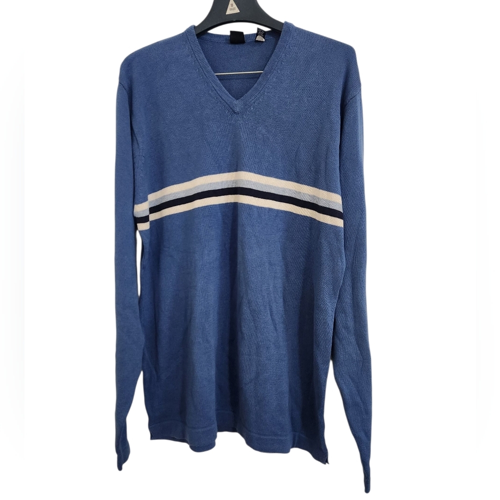 Vintage Gap Blue V-Neck Sweater with Stripes Over Sized Knit Men's L